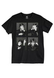 David Bowie 4 Up black t-shirt featuring four different black and white photographs of David in the see no evil, speak no evil, and hear no evil poses, photographed on a white background.
