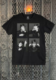 David Bowie 4 Up black t-shirt featuring four different black and white photographs of David in the see no evil, speak no evil, and hear no evil poses, photographed on a metal gate background.