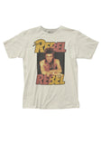 Tan David Bowie Rebel Rebel t-shirt featuring an image of David Bowie wearing a scarf with the words 'Rebel Rebel' in large red and yellow text, on a white background.