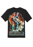 A black short-sleeve crewneck t-shirt featuring a large graphic print of 'The Bride of Frankenstein' with red hair, lightning, and the title text.