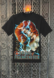 A black short-sleeve graphic t-shirt featuring a stylized illustration from 'The Bride of Frankenstein' with red hair, lightning, and the movie title.