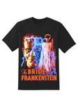 A black short-sleeve crewneck t-shirt featuring a graphic print of 'The Bride of Frankenstein' with a split portrait of Frankenstein and his bride illuminated by blue lightning, and the title in orange text at the bottom.