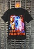 A black short-sleeve graphic T-shirt featuring a split portrait of Frankenstein and his bride with blue lightning effects and the text 'The Bride of Frankenstein' in orange.