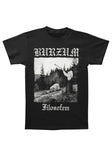 A black short-sleeve t-shirt with a white graphic print featuring the word 'BURZALM' in a gothic font above a black-and-white image of a figure holding a horn, with 'Filosofem' in gothic font below.