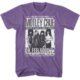 Close-up of Motley Crue Dr Feelgood purple t-shirt featuring a black and white image of the band along with text for various songs from the album and 'Bad Boys of Hollywood Motley Crue' above the image, displayed against a white background.