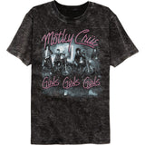 Close-up of Motley Crue Girls, Girls, Girls acid rinse black t-shirt featuring artwork from the album, displayed on a white background.