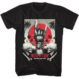 Close-up of Motley Crue Hand on the Strip black t-shirt featuring artwork from the Too Fast for Love album, displayed on a white background.