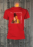 Captain Beefheart Troutmask Replica red t-shirt featuring album artwork, displayed on a metal gate background.