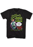 Captain Spaulding's Museum of Monsters black t-shirt featuring an illustration of his head from the movie along with green text for 'Captain Spaulding's Museum of Monsters and Madmen', displayed on a white background.