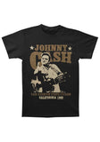 Johnny Cash San Quentin Live black t-shirt featuring performance poster artwork with a sepia image of him with a guitar holding up his middle finger along with the text 'Johnny Cash San Quentin State Prison California 1969', displayed on a white background.