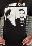 Johnny Cash Mugshot black t-shirt  featuring his publicity mugshot taken when he performed at Folsom Prison, on a model against a metal gate background.