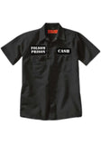 Black work shirt featuring a name patch that says 'Cash' on the left chest and patch with 'Folsom Prison' on the right chest, displayed on a white background.