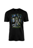 Chaney Family Legends black t-shirt featuring a collage of the various Chaney monsters along with the text 'the first family of horror Chaney' in green across the bottom, displayed on a white background.