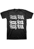 Cheap Trick Classic Logo black t-shirt featuring the band name in white repeated 6 times, displayed against a white background.