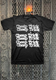 Cheap Trick Classic Logo black t-shirt featuring the band name in white repeated 6 times, displayed against a metal gate background.