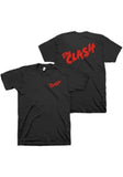 Front and back of The Clash Logo black t-shirt featuring a small 'The Clash' logo in red on the front left chest and a larger version of the logo in red across the back, displayed on a white background.