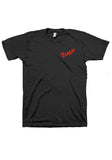 Front of The Clash Logo black t-shirt featuring a small 'The Clash' logo in red on the left chest, displayed on a white background.
