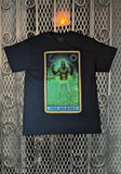 Black Creature from the Black Lagoon t-shirt featuring an image of the creature as the Hermit tarot card, on a metal gate background.