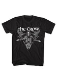 The Crow Eric Draven Triangle black t-shirt featuring the movie logo in white and a black and white image of Eric coming out of a triangle with two crows and a rose in the corners, displayed against a white background.
