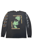 Front of black long sleeve t-shirt with 'The Crow' movie graphic in the design of Type-O Negative album October Rust with the words 'the crow' and 'nothing is trivial' around the corners of the image, displayed on a white background.