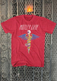 Red Motley Crue Dr Feelgood t-shirt featuring the album artwork, on a metal gate background.