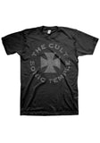 The Cult Sonic Temple black t-shirt featuring a large iron cross and the text 'The Cult Sonic Temple' around it in grey, displayed on a white background.