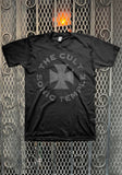The Cult Sonic Temple black t-shirt featuring a large iron cross and the text 'The Cult Sonic Temple' around it in grey, displayed on a metal gate background.
