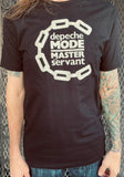 Depeche Mode Master and Servant black t-shirt  featuring the chain from the album artwork, on a model against a metal gate background.