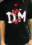 Depeche Mode Violator black t-shirt featuring the album artwork, photographed on a model in front of a metal gate background.