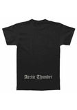 Back of Darkthrone Arctic Thunder black t-shirt featuring stylized text 'Arctic Thunder' at the bottom, displayed on a white background.
