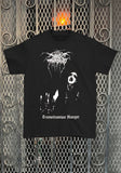 Darkthrone Transilvanian Hunger black t-shirt featuring album artwork, displayed on a metal gate background.