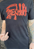 Death Original Logo black t-shirt featuring a large band logo in red, on a model against a metal gate background.