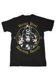 The Abbott Brothers RIP Vinnie and Dimebag black t-shirt featuring a black and white image of them with gold flames in a circle with 'Vinnie Paul Dimebag Darrell' in gold stylized text above and below the image, displayed on a white background.
