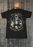 The Abbott Brothers RIP Vinnie and Dimebag black t-shirt featuring a black and white image of them with gold flames in a circle with 'Vinnie Paul Dimebag Darrell' in gold stylized text above and below the image, displayed on a metal gate background.