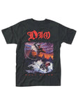 A black short-sleeve t-shirt featuring the red 'DIO' logo and the 'Holy Diver' album artwork printed on the front, displayed flat against a white background.