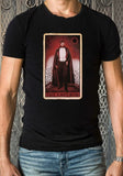 Black Dracula t-shirt featuring Dracula as the Emperor tarot card, on a metal gate background.