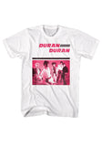 Duran Duran Debut Record white t-shirt featuring artwork from the album in pink, black, and white, displayed on a white background.
