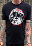 Front of Electric Wizard I Hate Electric Wizard black t-shirt featuring I Hate circular artwork, on a model against a metal gate background.
