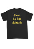 Back of Electric Wizard Sabbath black t-shirt featuring yellow text 'Come to the Sabbath', displayed on a white background.