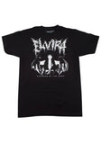 Elvira Black Metal black t-shirt featuring a black and white image of her wearing batwings with her name in black metal script above the image and the text 'mistress of the dark' below the image, displayed against a white background.