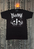 Elvira Black Metal black t-shirt featuring a black and white image of her wearing batwings with her name in black metal script above the image and the text 'mistress of the dark' below the image, displayed against a metal gate background.
