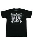 Elvira Spirit Board black t-shirt  featuring a black and white image of her holding a crystal ball with spirit board elements around her in the image along with the text 'Elvira Mistress of the Dark Call Me Tonight Later Darling' around the image, displayed against a white background.