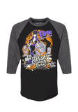 Elvira black raglan t-shirt with dark charcoal heather grey 3/4 sleeves featuring a colorful image of her in a graveyard with the words 'Wish You Were Here' in large script, photographed flat on a white background.
