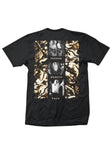 Back of Emperor IX Equilibrium black t-shirt featuring black and white images of Ihsahn, Samoth, and Trym over a brown and white textured background, displayed on a white background.