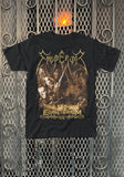Front of Emperor IX Equilibrium black t-shirt featuring album artwork, displayed on a metal gate background.