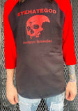 Front of EyeHateGod black raglan t-shirt with bright red 3/4 length sleeves featuring the artwork from the Southern Discomfort album and band name in red, on a model in front of a metal gate background.
