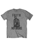 Front of Faith No More heather grey t-shirt featuring their reunion album promotional gimp artwork with the band name above and below it in large black letters, displayed on a white background.