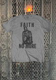 Front of Faith No More heather grey t-shirt featuring their reunion album promotional gimp artwork with the band name above and below it in large black letters, displayed on a metal gate background.