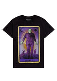 Frankenstein Death Tarot Card black t-shirt featuring a colorful image of the death tarot card with Frankenstein on it, displayed on a white background.