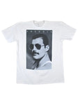 Freddie Mercury white t-shirt featuring a large black and white headshot of him wearing sunglasses with the text 'Freddie' in white on the top of the image, displayed on a white background.